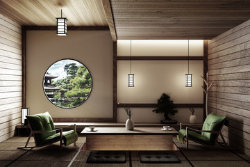 Zen style - empty Japanese room with chair,lamp,bonsai tree and tatami mat floor on wall modern...
