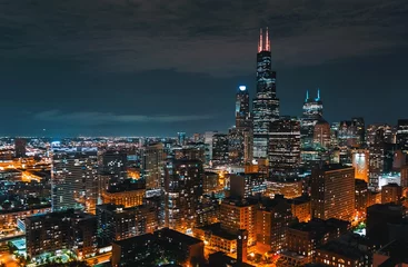Schilderijen op glas Downtown chicago cityscape skyscrapers skyline at night © Tierney