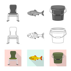 Vector illustration of fish and fishing icon. Collection of fish and equipment vector icon for stock.