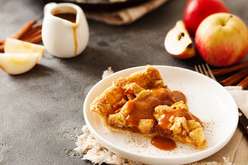 Slice of freshly baked apple pie with caramel sauce and cinnamon