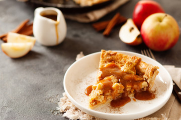 Slice of freshly baked apple pie with caramel sauce and cinnamon