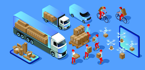 Free fast delivery,Innovation technology in transportation. Drone, giro board, bicycle delivery vector isometric illustration 3d