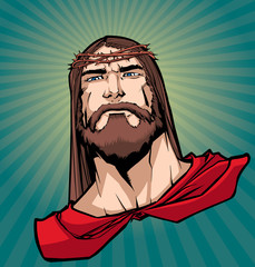 Portrait of Jesus Christ wearing red cape like a superhero, and looking at you with serious expression.
