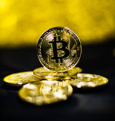 Bitcoin. Crypto currency Gold Bitcoin, BTC. Macro shot of Bitcoin coins. Blockchain technology, bitcoin mining concept.