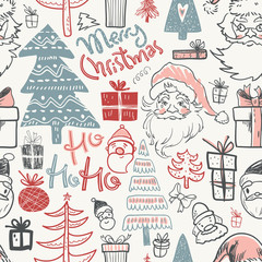 Naklejka premium Winter holiday seamless pattern with doodle hand drawn Santa, tr