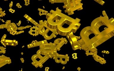 Digital currency symbol Bitcoin on a dark background. Fall of bitcoin. Cryptocurrency graph on virtual screen. Business, Finance and technology concept. 3D illustration