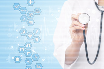 Medicine and healthcare concept. Medical doctor working with modern pc. Electronic health record. EHR, EMR.