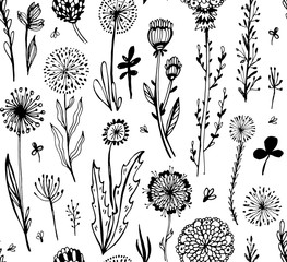 seamless pattern with black doodle flowers on a white background. Hygge, boho style. Vector illustration. design element for fabric, wrapping paper, congratulation cards, print, banners