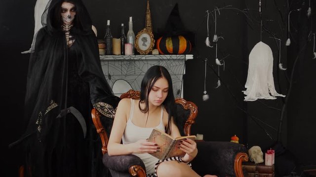ender dreamy brunette reader unaware of spooky Halloween Death Reaper scary Skeleton behind staring directly at her