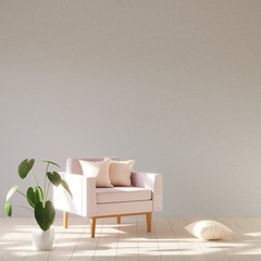 Modern minimalistic interior with an armchair. 3D render.