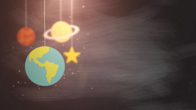 flat design planets falling down hanging on string black background star earth saturn