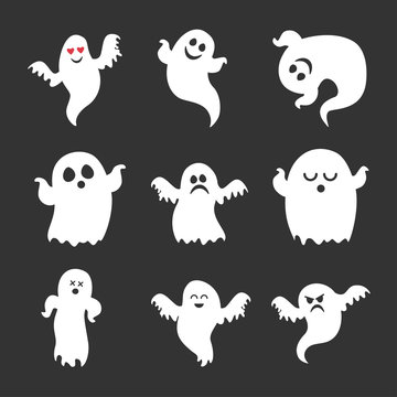 Set of vector cute Halloween ghosts icons
