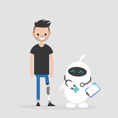 Modern health care. New technologies. Young male disabled character with prosthetic lower limb. Lifestyle. Disability. Cute white doctor robot.