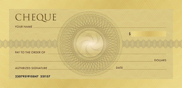 Check template, Chequebook template. Blank gold business bank cheque with guilloche pattern rosette and abstract watermark. Background for voucher, banknote design, gift certificate, ticket, coupon