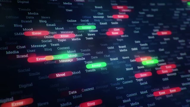 Abstract background with seamless animation flickering words of business, finance, technology or marketing on display screen. 