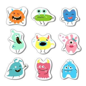 Set of stickers with cartoon monsters.