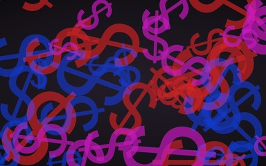 Multicolored translucent dollar signs on dark background. Red tones. 3D illustration