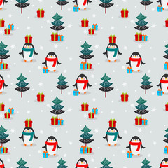 Cute penguins and Christmas gift seamless pattern.