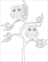 Coloring book for adult and older children. Coloring page with cute owl and floral frame. Outline drawing in zentangle style