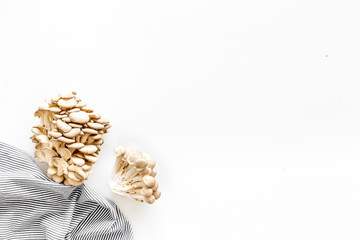 Oyster mushroom. Fresh raw veshenka on white background top view copy space