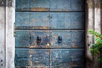 Horizontal shot of green rustic Italian door