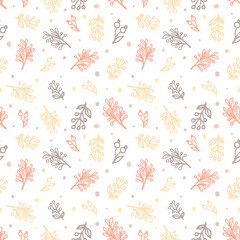 Seamless hand-drawn vector color floral pattern with branches and berries