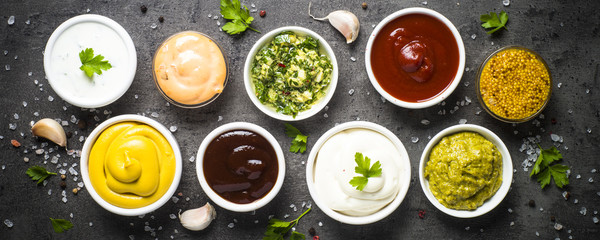 Sauce set assortment - mayonnaise, mustard, ketchup and others