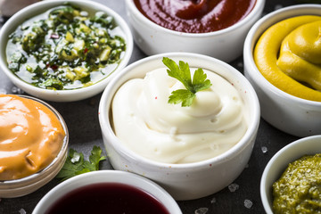 Sauce set assortment - mayonnaise, mustard, ketchup and others.