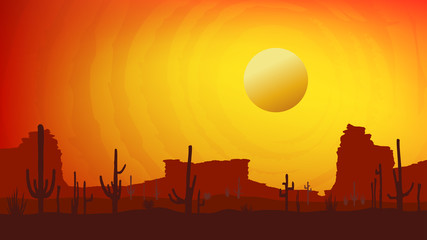 Sunset with Saguaro Cactus. Desert. Vector background in 16:9 format.