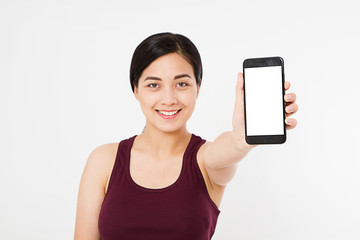 portrait of smile asian,korean woman,girl hold blank screen cellphone, isolated on white background, hand holding black phone,selective focus, copy space
