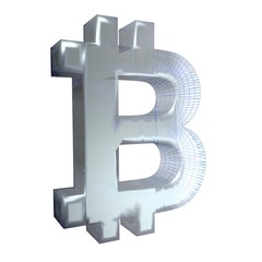 Bitcoin sign, platinum or silver turns into a blue grid on a white background. 3D illustration