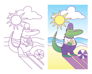Vector child illustration with a crocodile boy character full color and outline variation