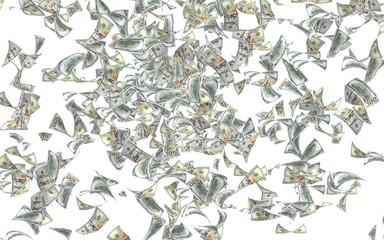 Flying dollars banknotes isolated on a white background. Money is flying in the air. 100 US banknotes new sample. 3D illustration