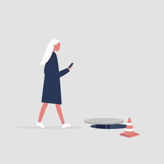 Millennial female character addicted to smartphone