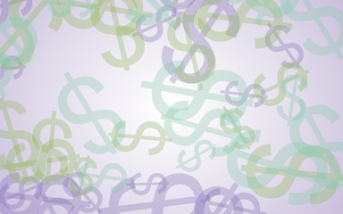 Multicolored translucent dollar signs on white background. Green tones. 3D illustration