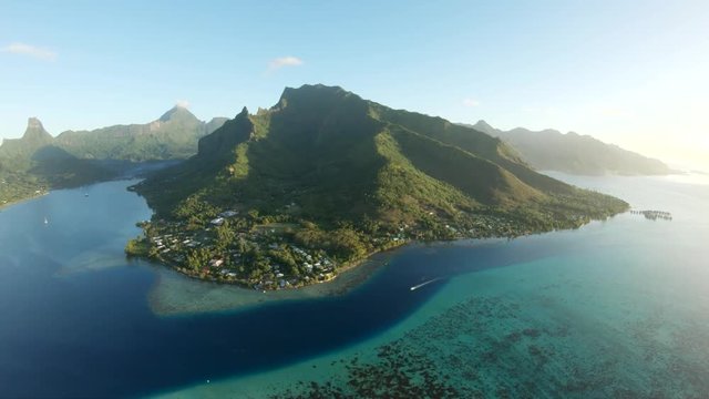 Wide aerial, scenic Tahiti coastline