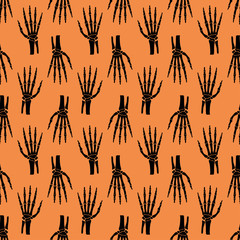 Halloween seamless pattern with black bones and orange background.Holiday vector backdrop.Textile texture