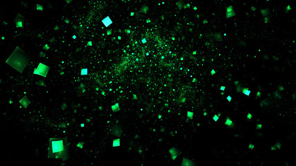 Abstract shiny green particles. Chaotic fractal background. Digital art. 3D rendering.