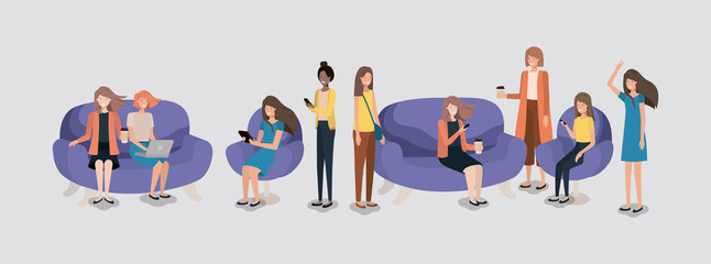 group of women in living room using technology