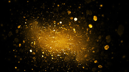 Abstract blue and gold sparkling drops. Holiday background. Digital fractal art. 3d rendering.