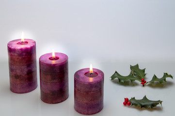 purple candles with holly on white background
