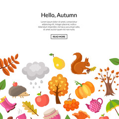 Vector cartoon autumn elements and leaves background with place for text illustration. Web banner and poster