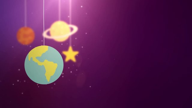 flat design planets falling down hanging on string pink background star earth saturn