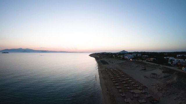 Aerial, Greece beach at sunset