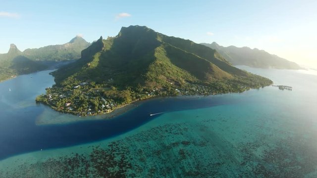 Vast island landscape in Tahiti, wide aerial