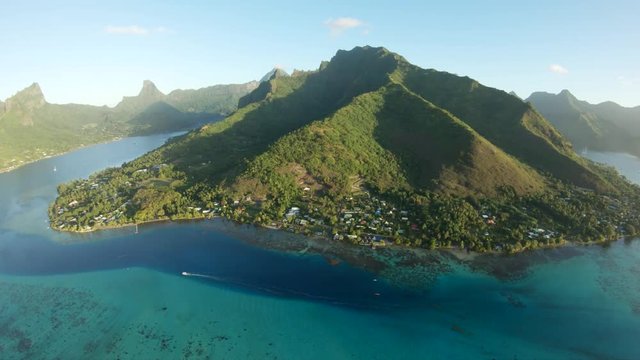 Scenic island landscape in Tahiti, slow motion aerial