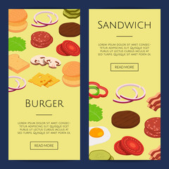 Vector isometric burger ingredients web banner templates illustration. Web poster with food