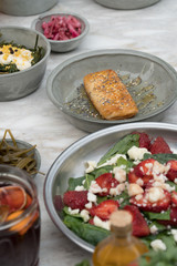Puff pastry with honey and strawberry salad.