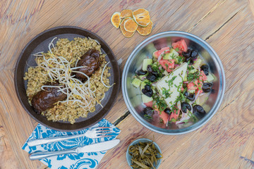 Turkish kebab with soya sauce and bulgur pilaf.