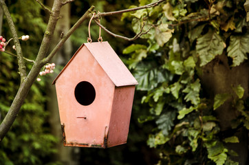 Pink metal birdhouse hanging from tree.